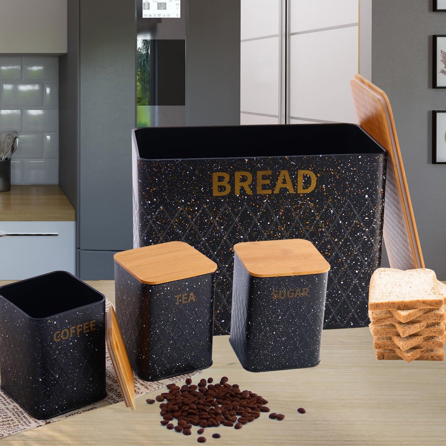 Haus Roland HR405 Bread Box with Bamboo Cutting Board with 3 Storage Jars