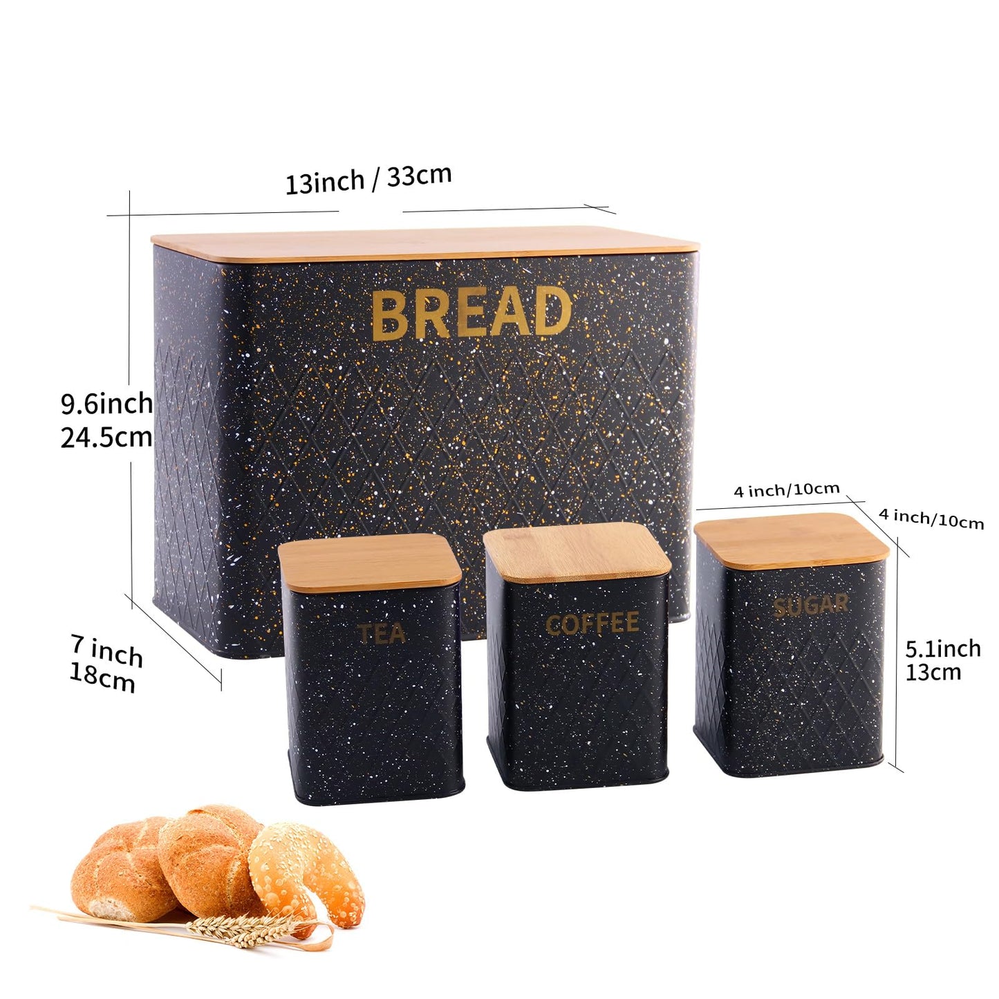 Haus Roland HR405 Bread Box with Bamboo Cutting Board with 3 Storage Jars